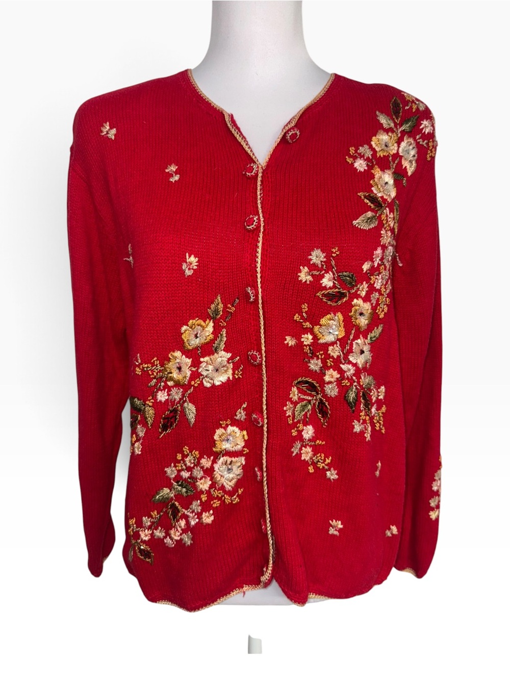 Vintage 2003 Heirloom Collectibles Red Floral Embroidered Cardigan Sweater L Y2K